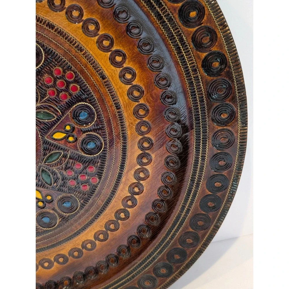 PTTK BORT Krakow Wall Platter Brown Polish Folk Art Hand Painted Carved Wood